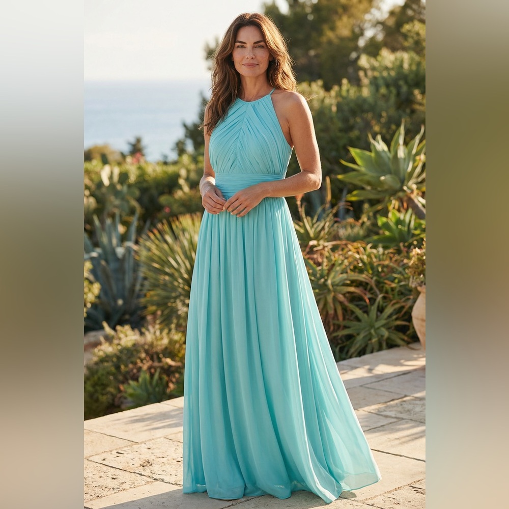 Bill Levkoff Aqua Halter Chiffon Maxi Gown